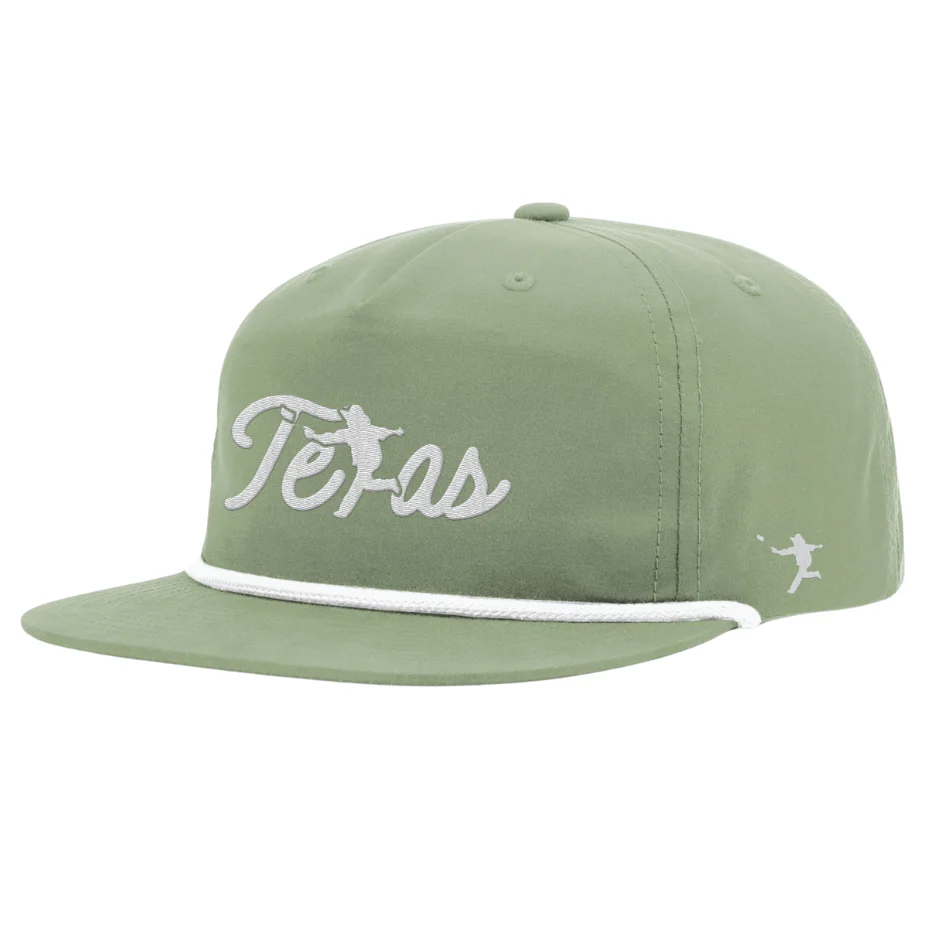 35 - Texas Script Embroidery Umpqua Rope Snapback Hat (Sage / White)