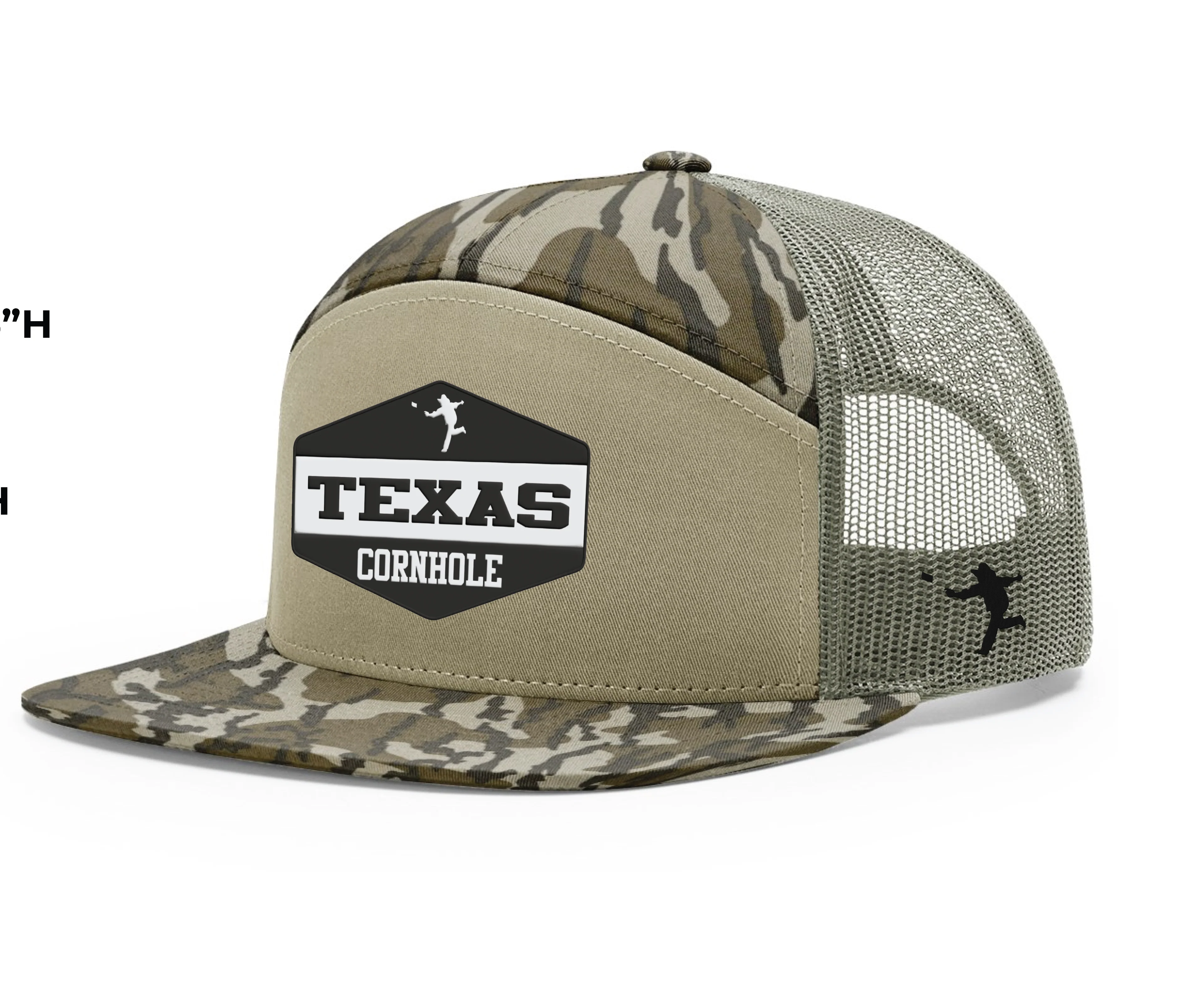 63 - Texas Cornhole Patch - Richardson 7 Panel Trucker Hat - Mossy Oak Bottomland / Loden