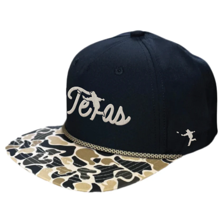 91 - Texas Script Embroidery Camo Bill Rope Hat