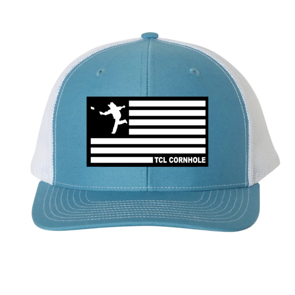 29 - American Flag Patch Hat Richardson 112 Snapback Trucker Hat (Columbia Blue / White)
