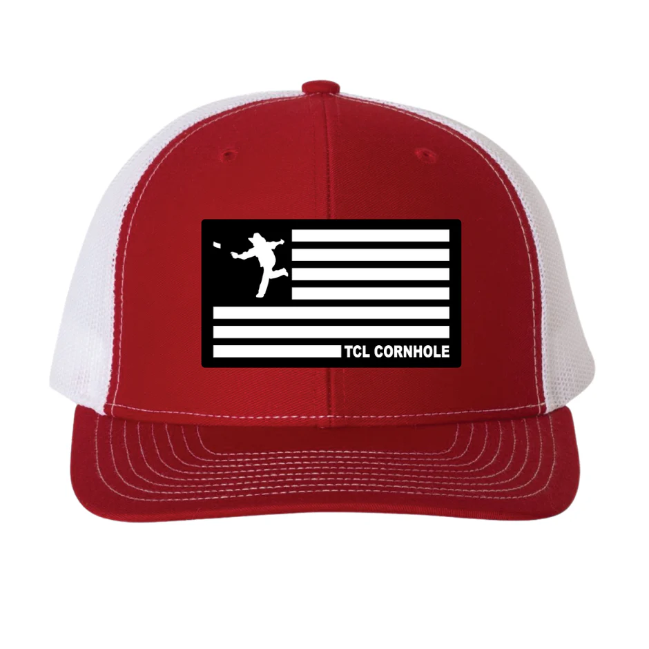 26 - American Flag Patch Hat Richardson 112 Snapback Trucker Hat (Red / White)
