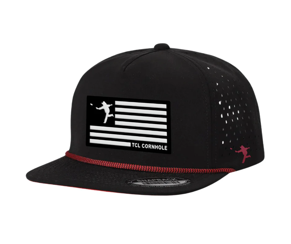 25 - USA TCL Cornhole Patch Hat - Unbranded 5 Panel Perforated Flat Bill Rope Hat